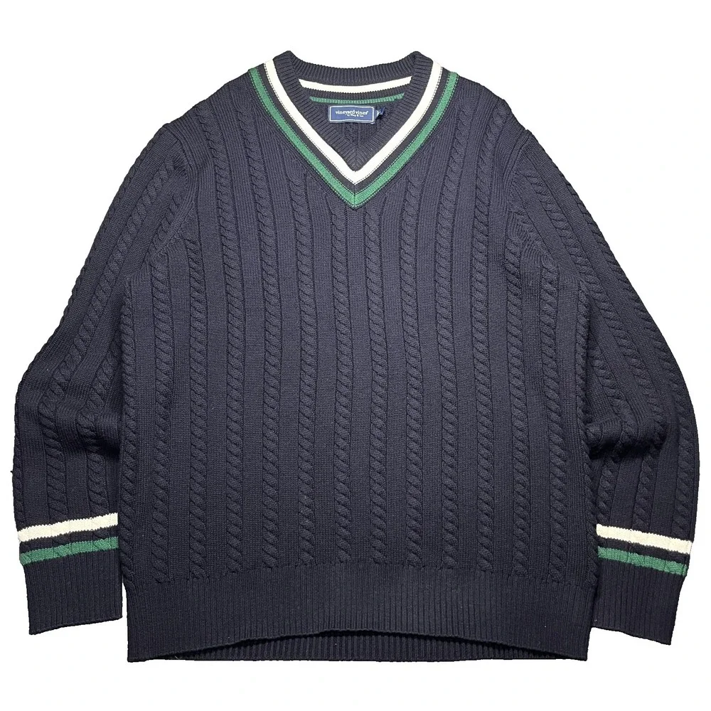 Vineyard Vines Tennis Merino Wool Sweater Men's Large Navy Cable Knit V Neck